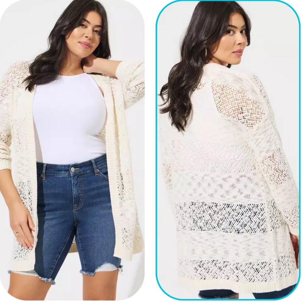 Torrid Open Stitch Crochet Cotton Sweater Cardigan Cream Size 5 5X